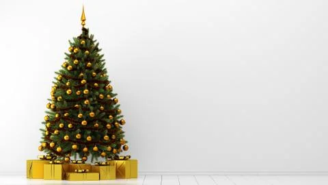Decorated christmas tree with gift boxes in white room. 3d illustration Stock Illustration