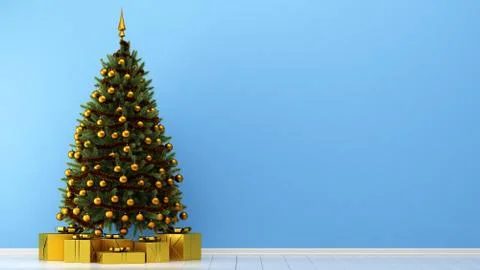 Decorated christmas tree with gift boxes in blue room. 3d illustration Illustrazione stock