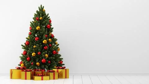 Decorated christmas tree with gift boxes in white room. 3d illustration Stock Illustration