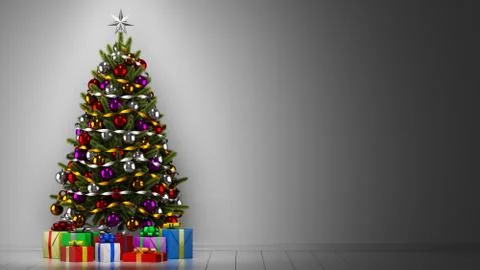 Decorated christmas tree with gift boxes in dark room. 3d illustration Illustrazione stock