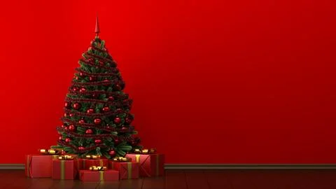 Decorated christmas tree with gift boxes in red room. 3d illustration Stock Illustration