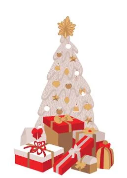 Decorated christmas tree with gift boxes, star, decoration balls. Stock Illustration