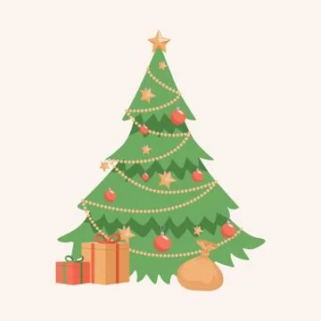 Decorated Christmas tree with gift boxes vector flat illustration on beige Stock Illustration