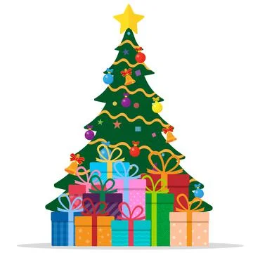 Decorated christmas tree with gift boxes. Vector illustration. Stock Illustration