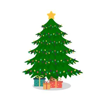 Decorated christmas tree with gift boxes and lights. Merry Christmas and a ha Stock Illustration