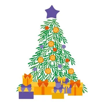 Decorated Christmas tree with gift boxes, star, oranges, decoration balls a.. Stock Illustration