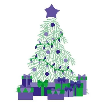 Decorated Christmas tree with gift boxes, star, lights, decoration balls and  Stock Illustration