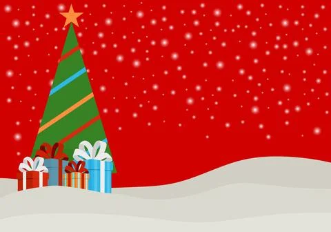 Decorated Christmas tree with gift boxes on red snowy winter background イラスト素材