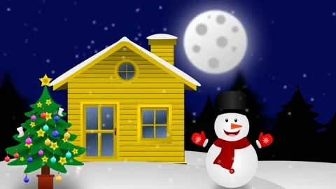 Decorated christmas tree, home and moving snow man with snow rain. Stock Footage 222934708