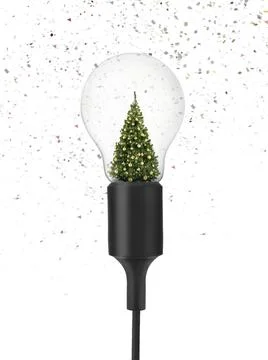 Decorated Christmas tree inside of light bulb on White Background, concept ch Stock-Fotos