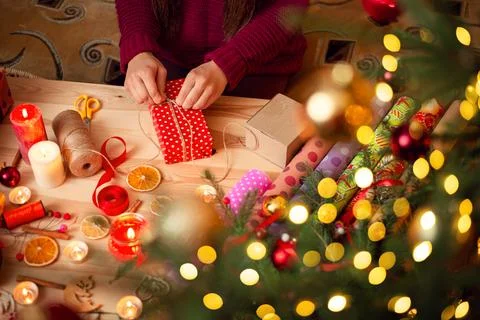 Decorated Christmas tree with many lights on the foreground Stock Photos