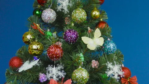 Decorated christmas tree with multicolored balls and snowflakes Stock Footage 147233316