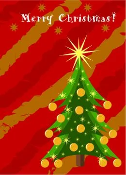 Decorated christmas tree over red and golden background. christmas card proje Illustrazione stock
