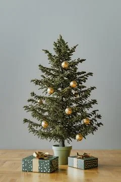Decorated Christmas tree with parcels. High quality 3d illustration Stock Illustration