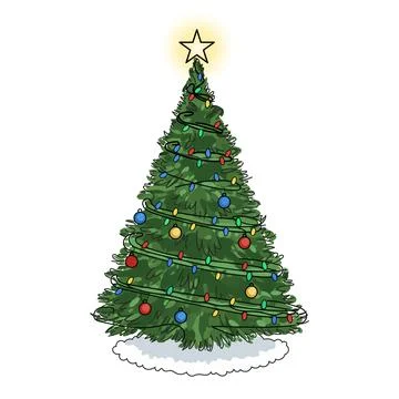 Decorated Christmas tree, pine tree a star, lights, decoration balls and la.. Stock Illustration