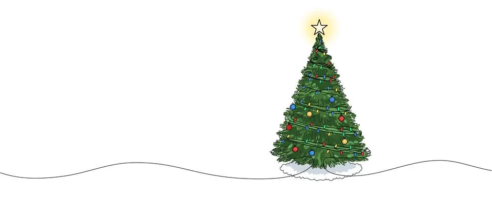Decorated Christmas tree, pine tree a star, lights, decoration balls and lamp Stock Illustration