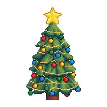 Decorated Christmas Tree Pixel Art Vector on White Background Stock Illustration
