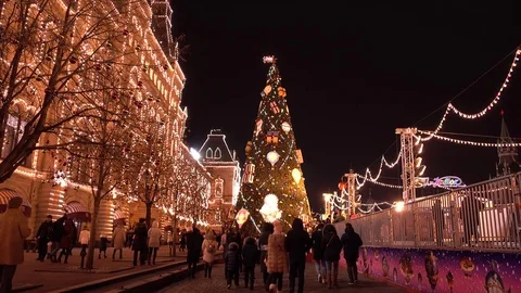 Decorated Christmas tree on Red square near the Moscow Kremlin Stock Footage 83717115