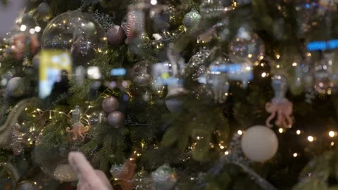 Decorated christmas tree in shhopping window with shoppers passing by 動画素材 222067571