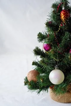 Decorated Christmas tree on the side of vertical template, white background. Stock Photos