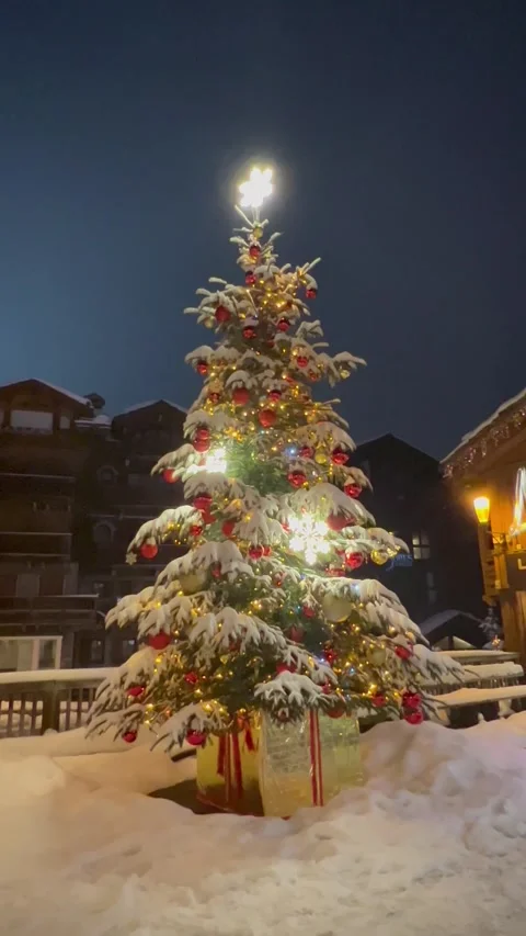 Decorated Christmas tree in a ski resort under snow Stock Footage 337195056