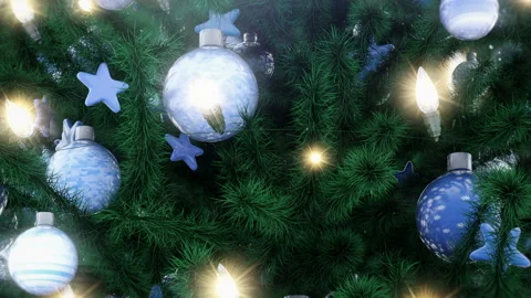 Decorated Christmas tree with sparkling light garland, balls and stars Video stock 119166778
