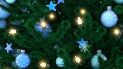 Decorated Christmas tree with sparkling light garland, balls and stars Stock Footage 141978968