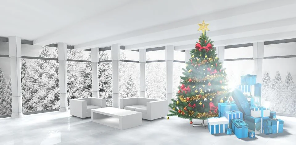 Decorated Christmas tree is standing in flat design lounge scene, with white Stock Illustration
