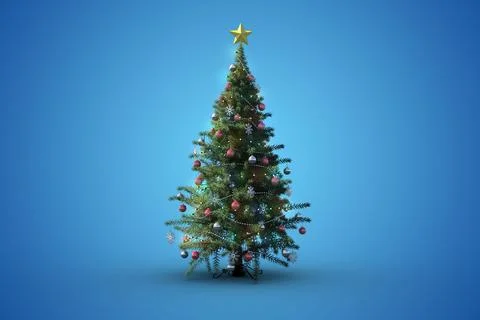 Decorated Christmas tree is standing in flat design blue gradient backdrop, Stock Illustration