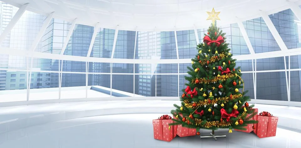 Decorated Christmas tree is standing in flat design modern atrium with skyline Stock Illustration