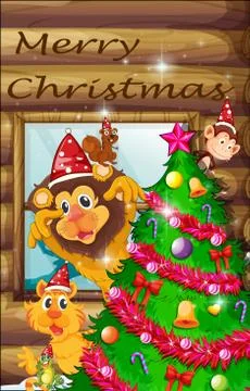 A decorated christmas tree surrounded with animals Stock Illustration