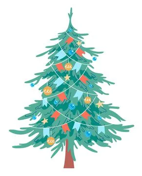 Decorated Christmas tree. Vector, isolated on white background Stock Illustration