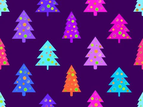 Decorated Christmas trees seamless pattern in 80s style. Christmas tree dec.. Illustrazione stock