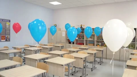 Decorated classroom at school with balloons on the start of school holiday Stock Footage 138500234