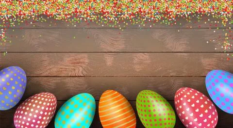 Decorated colorful Easter eggs on background with wooden texture, sugar powder Stock Illustration