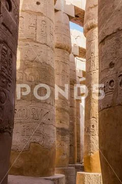 Decorated columns of the Great Hypostyle Hall in the Amun Temple ...