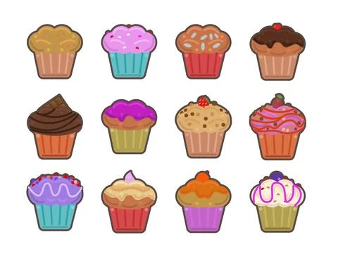 Decorated Cupcakes Icon Set Vector. Decorated Muffins. Cupcake Isolated Set Icon Stock Illustration