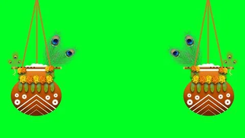 Decorated dahi handi with flute and peacock feathers on green screen. Stock Illustration