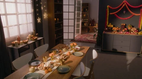 Decorated Dining Table Arranged for Festive Celebration at Home Stock Footage 344950418