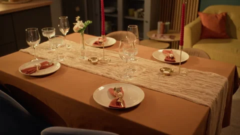 Decorated Dining Table Prepared for Friendsgiving Holiday Dinner Stock Footage 345217001