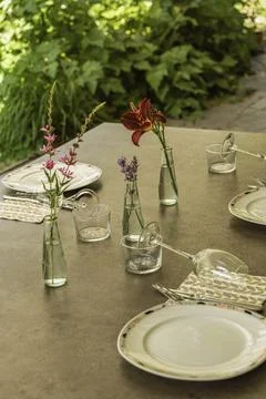 Decorated Dinner Table On The Terrace Stock Photos