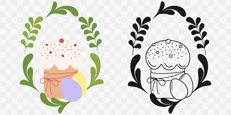 Decorated Easter cake and Eggs with Decorative Leaves Oval Frame border Colorful Stock Illustration