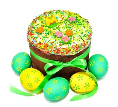 Decorated easter cake and eggs isolated Stock Photos