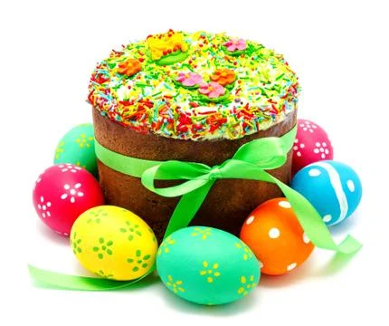 Decorated easter cake and eggs isolated Stock Photos