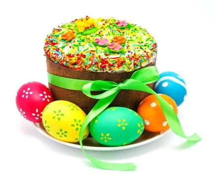 Decorated easter cake and eggs isolated Stock Photos