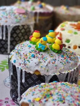 Decorated Easter cake with icing and festive details Stock Photos