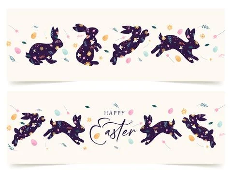 Decorated easter card, Easter folk rabbits for banner. Bunnies, Easter eggs Illustrazione stock