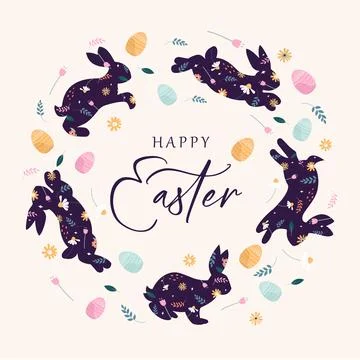 Decorated easter card, Easter folk rabbits for banner. Bunnies, Easter eggs Stock Illustration