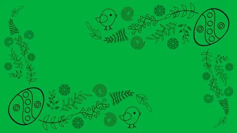 Decorated easter design with eggs, plants and bird on green screen Illustrazione stock