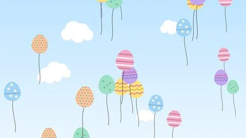 Decorated Easter egg balloons rising through a blue sky with clouds, Easter.. Ilustração Stock